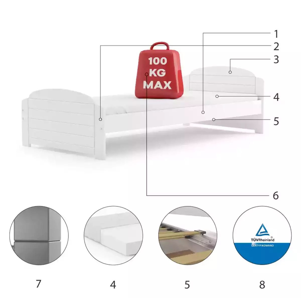 Composants pour Lit ado simple Lili 90X200 avec matelas, blanc Composants pour Lit ado simple Lili 90X200 avec matelas, blanc