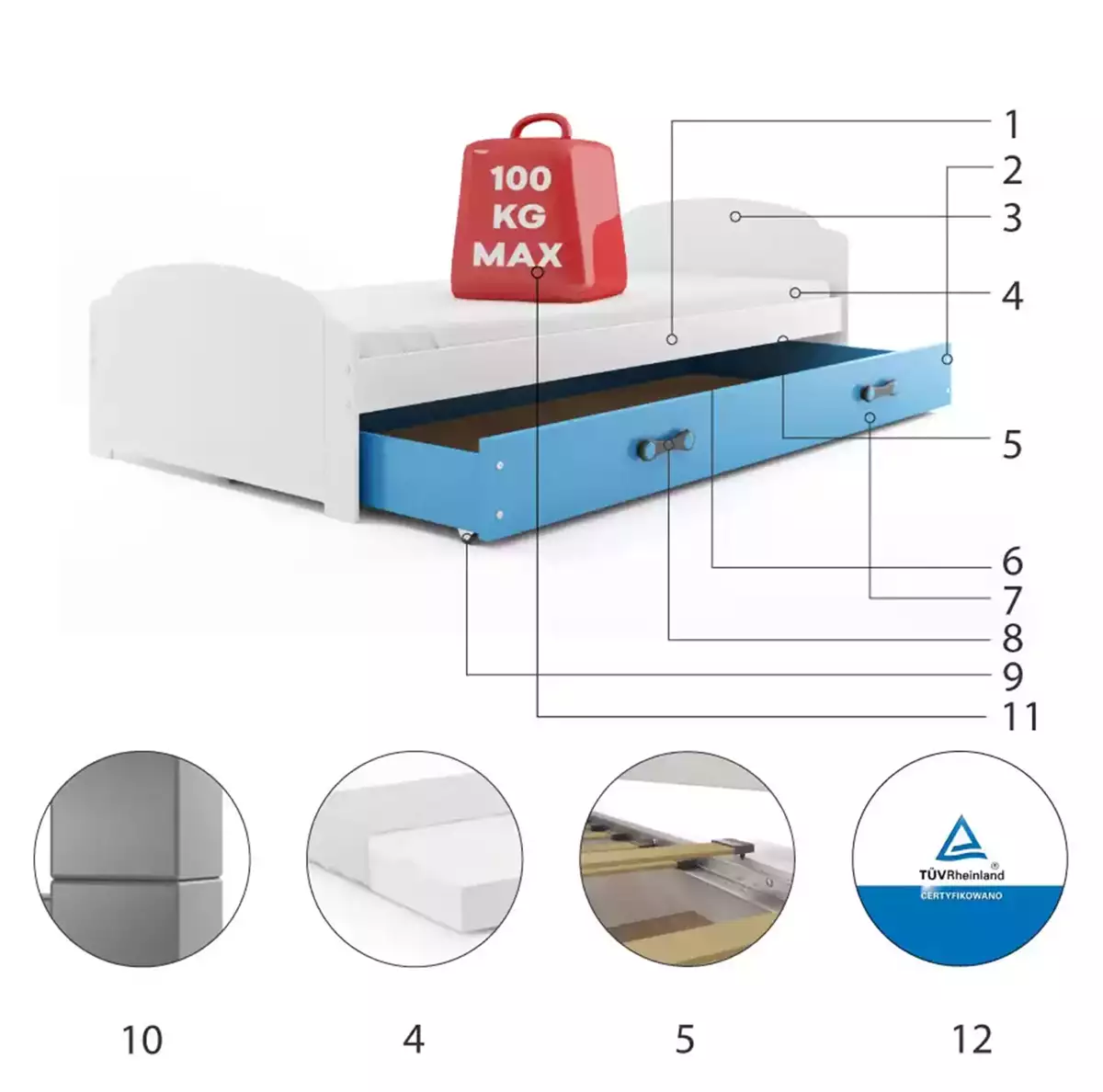 Composants pour Lit ado simple Lili 90X200 avec matelas et tiroir, blanc/bleu Composants pour Lit ado simple Lili 90X200 avec matelas et tiroir, blanc/bleu