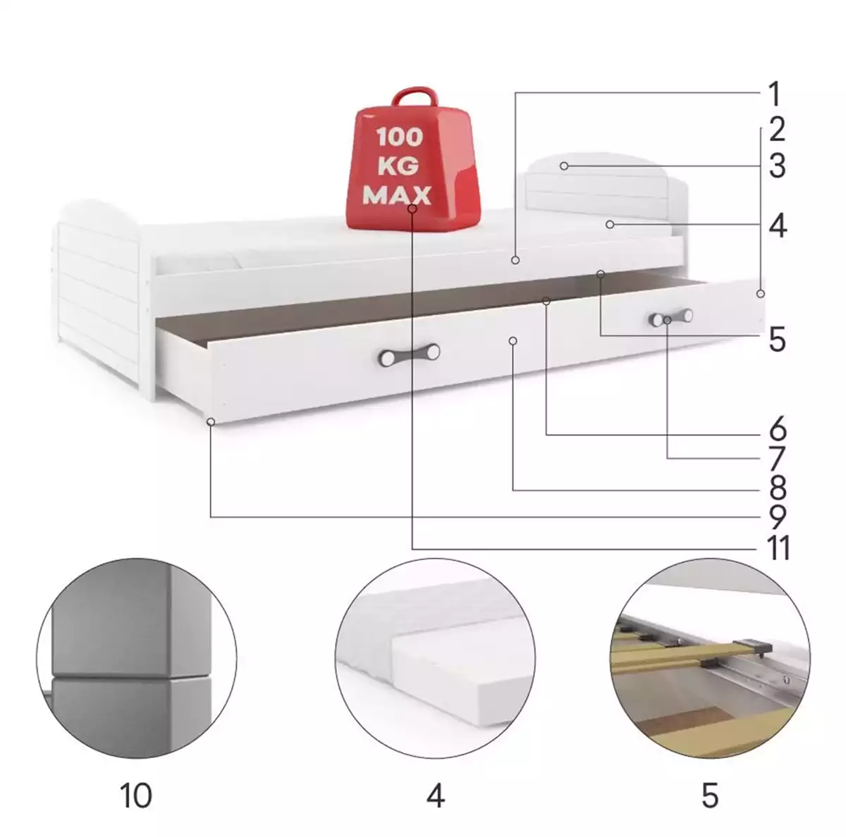 Composants pour Lit ado simple Lili 90X200 avec matelas et tiroir, blanc Composants pour Lit ado simple Lili 90X200 avec matelas et tiroir, blanc