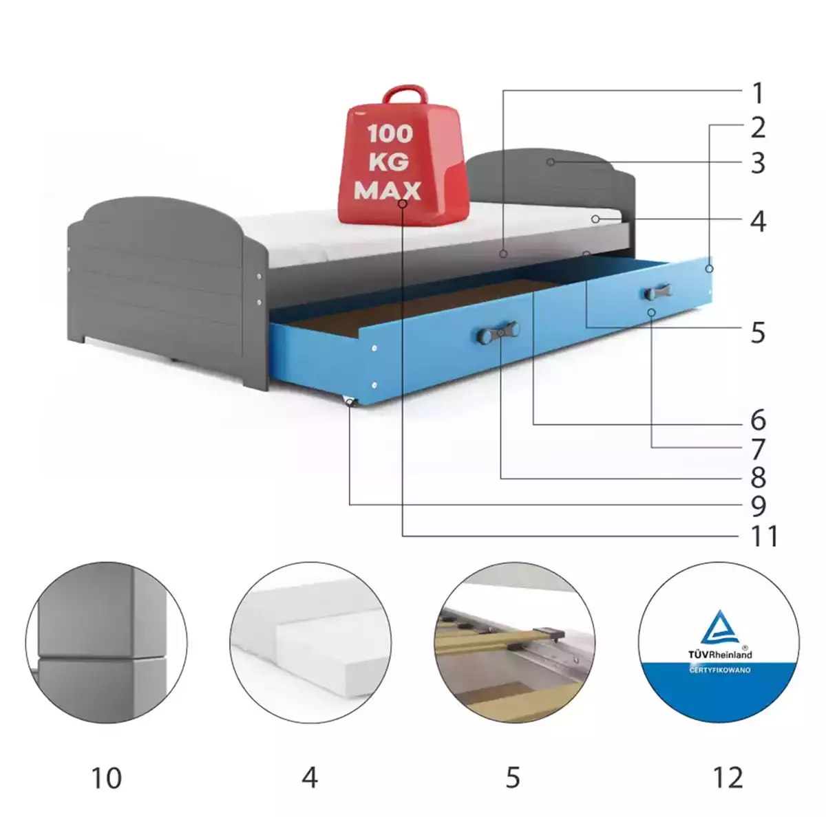 Composants pour Lit ado simple Lili 90X200 avec matelas et tiroir, gris/bleu Composants pour Lit ado simple Lili 90X200 avec matelas et tiroir, gris/bleu
