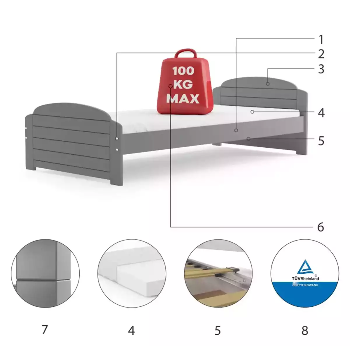 Composants pour Lit ado simple Lili 90X200 avec matelas, gris Composants pour Lit ado simple Lili 90X200 avec matelas, gris