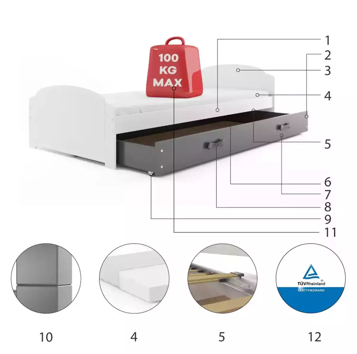 Composants pour Lit ado simple Lili 90X200 avec tiroir, blanc/gris Composants pour Lit ado simple Lili 90X200 avec tiroir, blanc/gris
