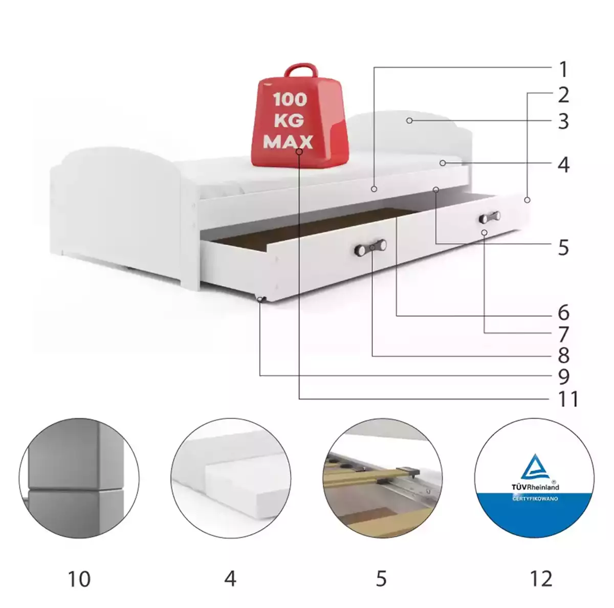 Composants pour Lit ado simple Lili 90X200 avec tiroir, blanc Composants pour Lit ado simple Lili 90X200 avec tiroir, blanc