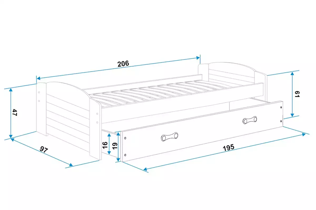 Dimensions et spécifications pour Lit ado simple Lili 90X200 avec tiroir, blanc/vert Dimensions et spécifications pour Lit ado simple Lili 90X200 avec tiroir, blanc/vert