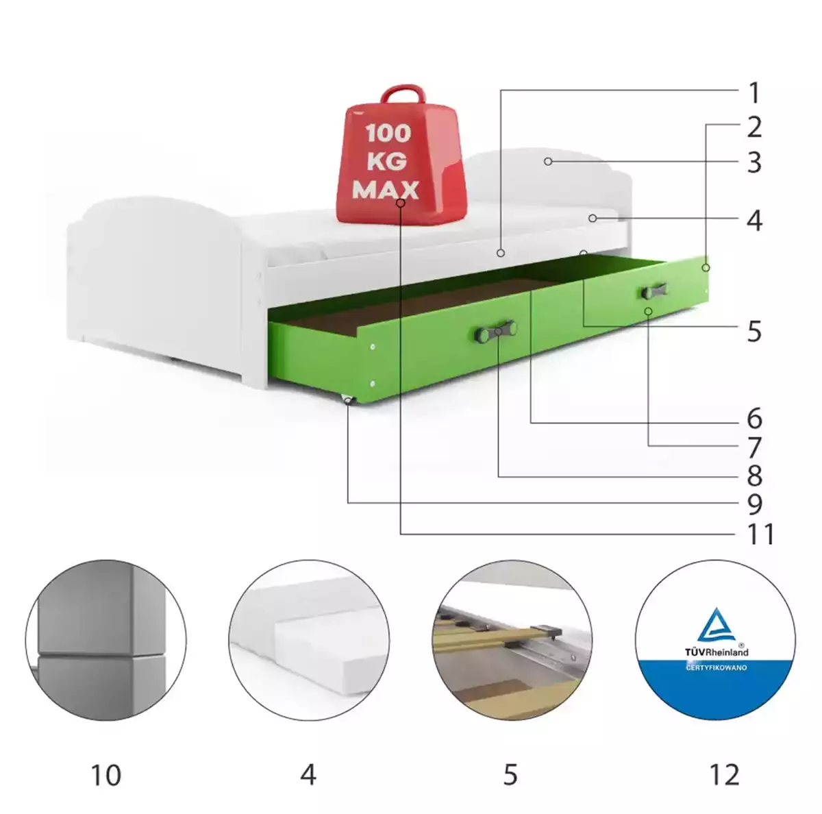 Composants pour Lit ado simple Lili 90X200 avec tiroir, blanc/vert Composants pour Lit ado simple Lili 90X200 avec tiroir, blanc/vert