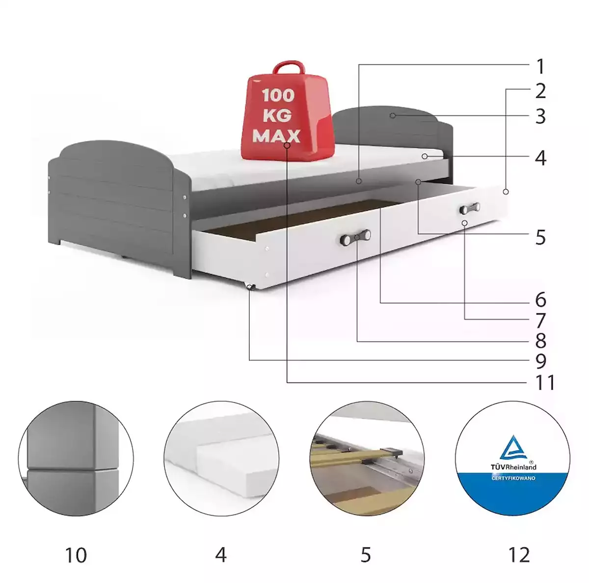 Composants pour Lit ado simple LILI 90X200 avec tiroir, gris/blanc Composants pour Lit ado simple LILI 90X200 avec tiroir, gris/blanc