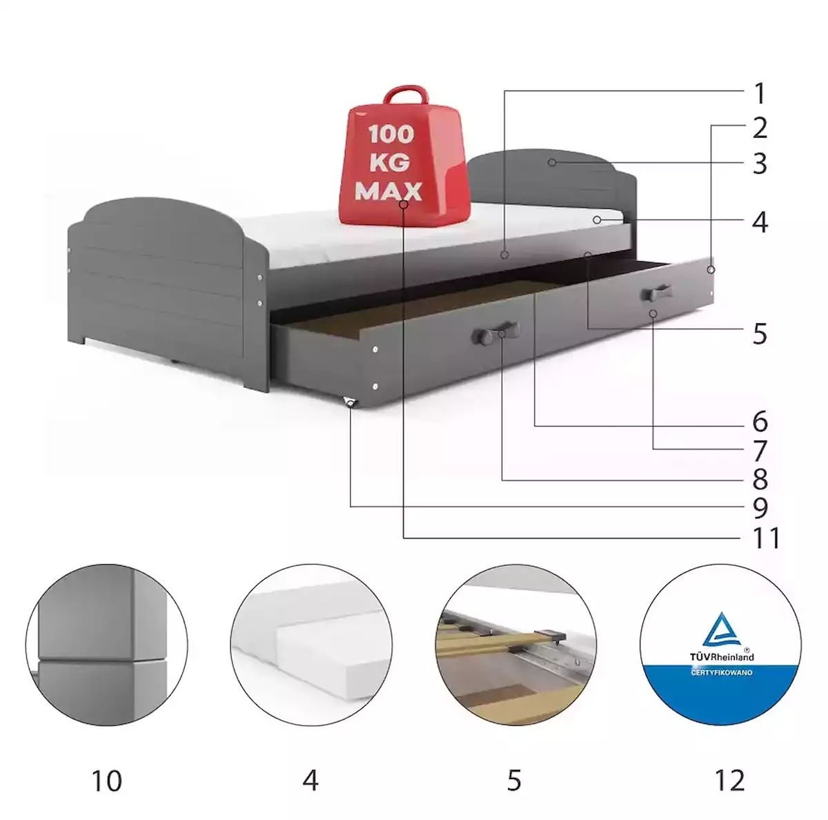 Composants pour Lit ado simple Lili 90X200 avec tiroir, gris Composants pour Lit ado simple Lili 90X200 avec tiroir, gris