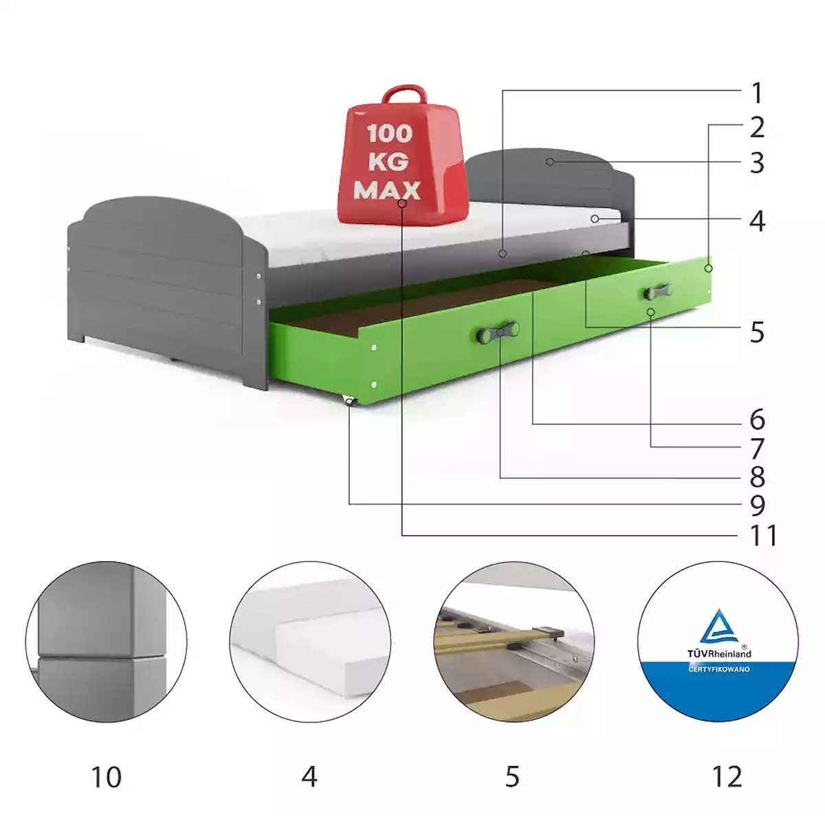 Composants pour Lit ado simple Lili 90x200 avec tiroir, gris/vert Composants pour Lit ado simple Lili 90x200 avec tiroir, gris/vert