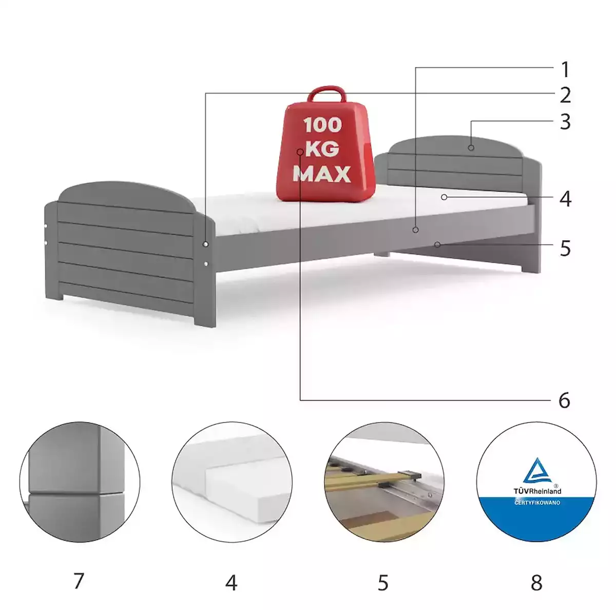 Composants pour Lit ado simple Lili 90X200, gris Composants pour Lit ado simple Lili 90X200, gris
