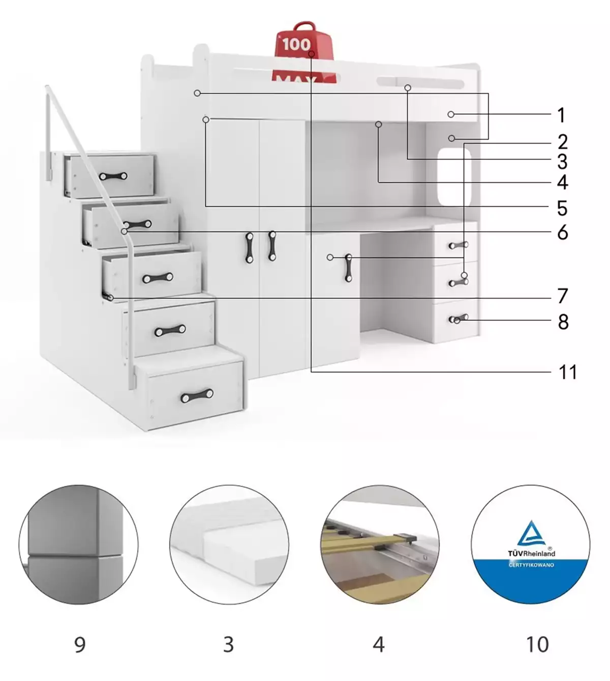 Composants pour Lit ado simple Max 4 80X200 mezzanine avec bureau, blanc Composants pour Lit ado simple Max 4 80X200 mezzanine avec bureau, blanc