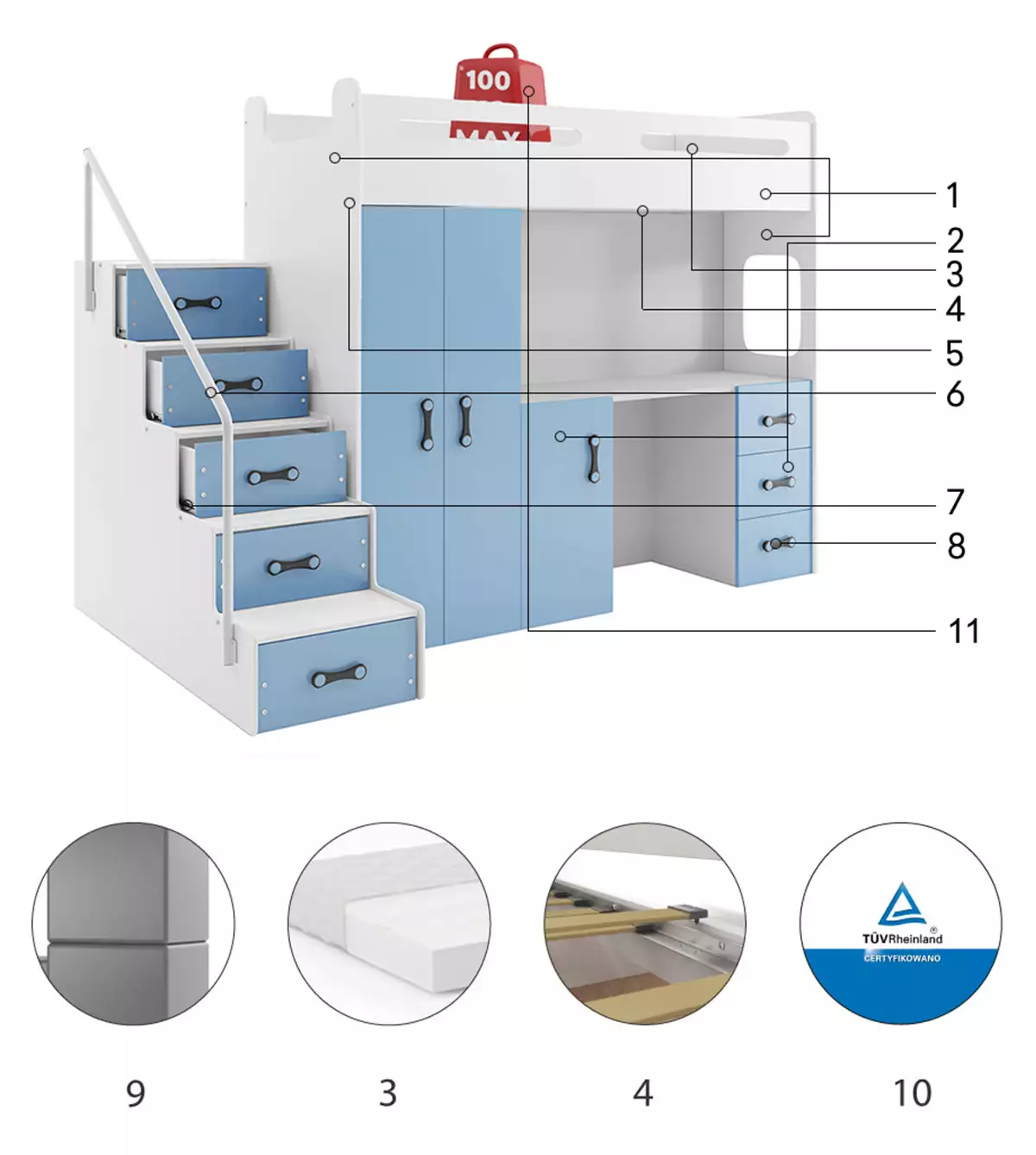 Composants pour Lit ado simple Max 4 80X200 mezzanine avec bureau, bleu Composants pour Lit ado simple Max 4 80X200 mezzanine avec bureau, bleu