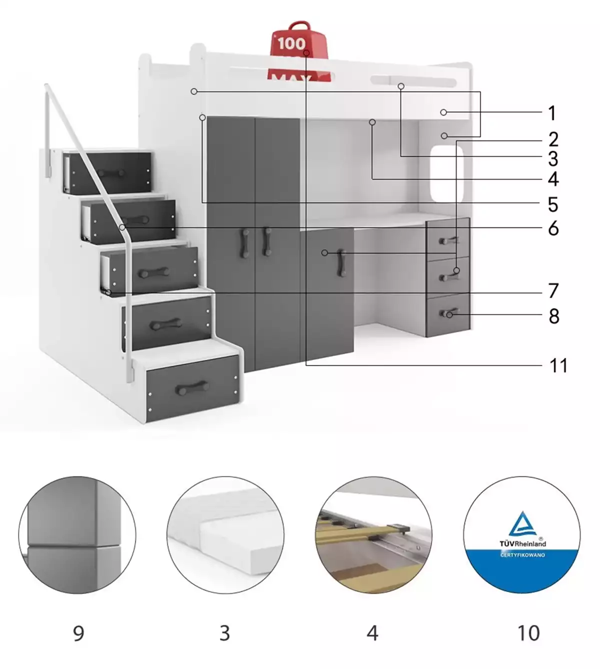 Composants pour Lit ado simple Max 4 80X200 mezzanine avec bureau, gris Composants pour Lit ado simple Max 4 80X200 mezzanine avec bureau, gris