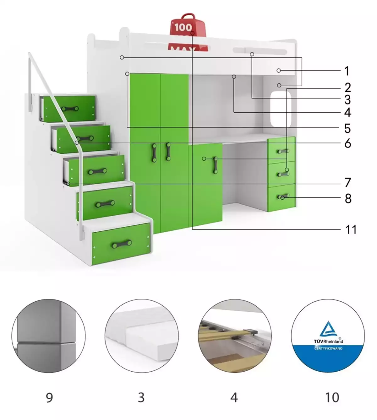 Composants pour Lit ado simple Max 4 80X200 mezzanine avec bureau, vert Composants pour Lit ado simple Max 4 80X200 mezzanine avec bureau, vert