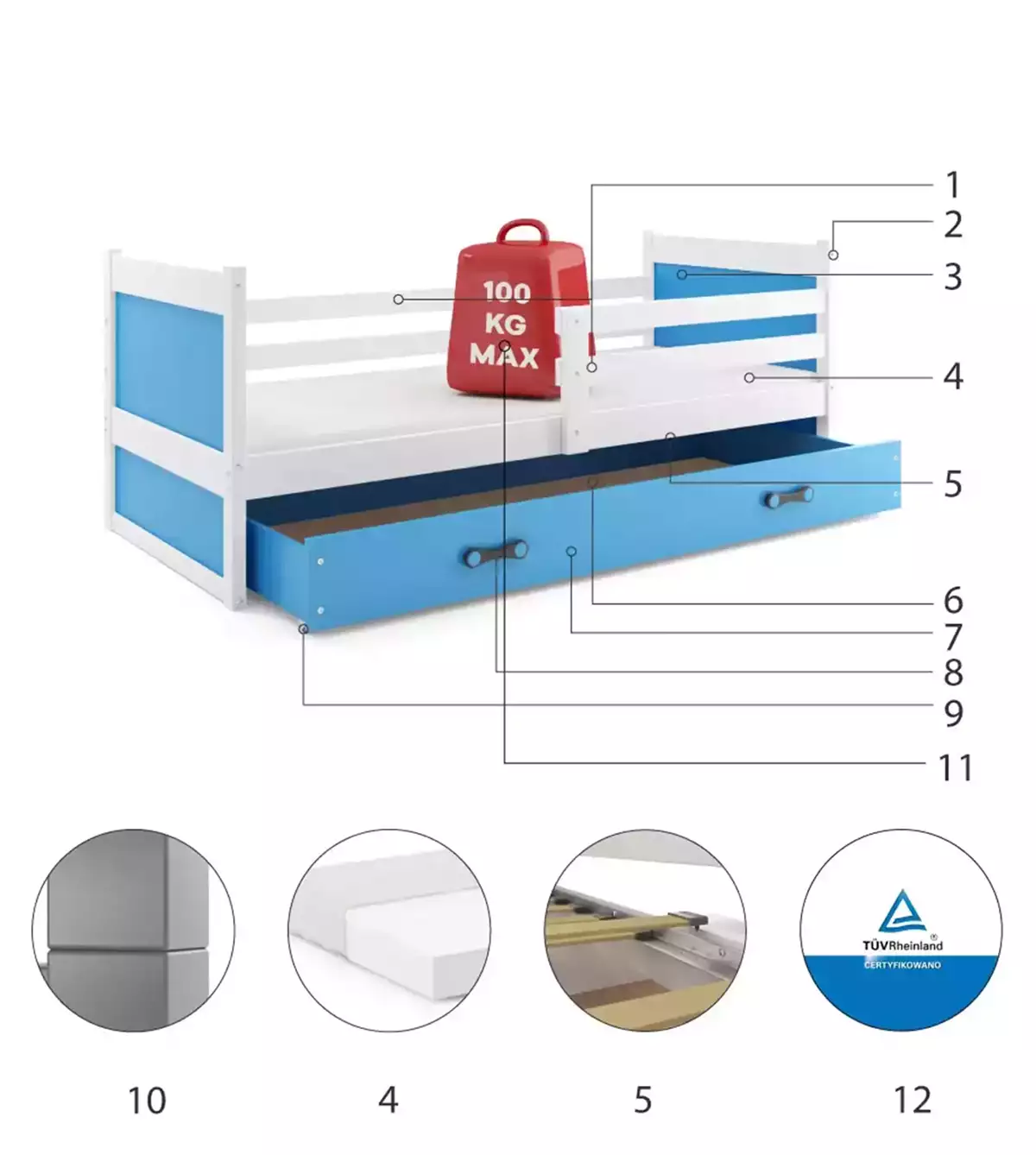 Composants pour Lit ado simple Rico 80X190 avec matelas et tiroir, blanc/bleu Composants pour Lit ado simple Rico 80X190 avec matelas et tiroir, blanc/bleu