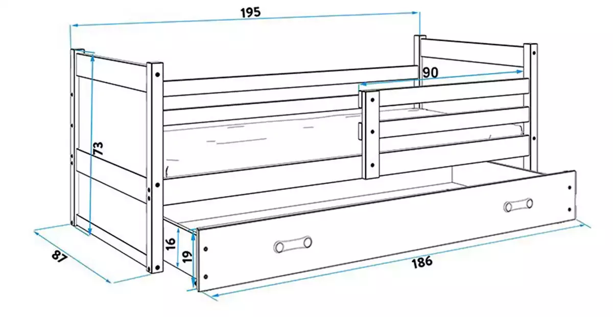 Dimensions et spécifications pour Lit ado simple Rico 80X190 avec matelas et tiroir, blanc/vert Dimensions et spécifications pour Lit ado simple Rico 80X190 avec matelas et tiroir, blanc/vert