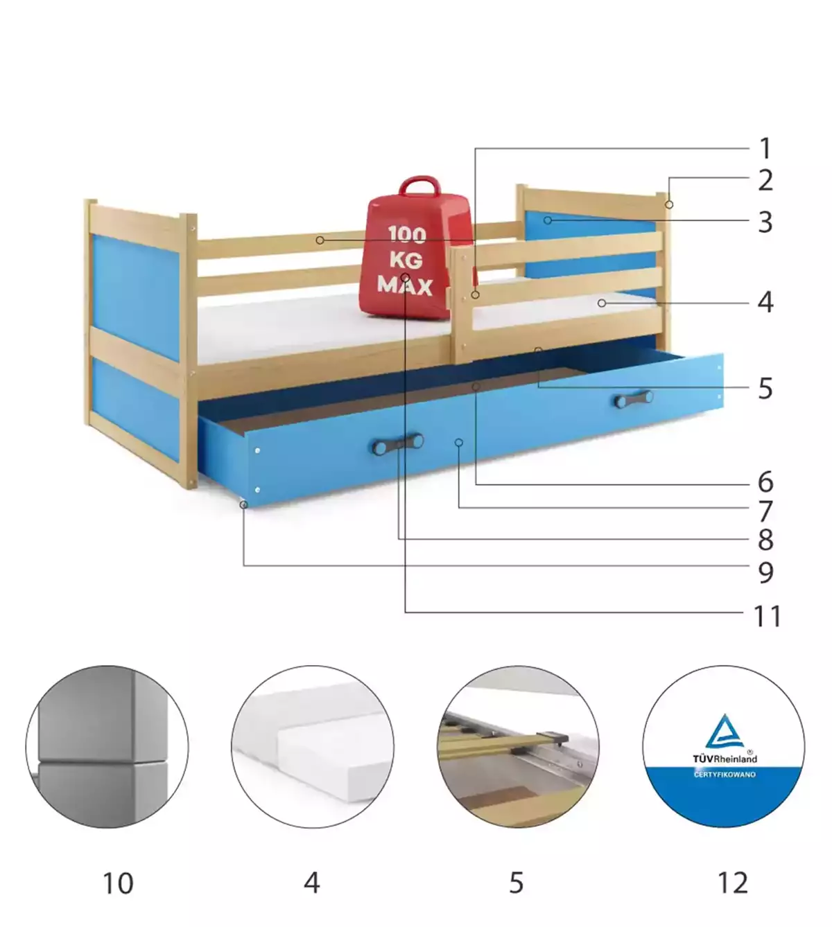 Composants pour Lit ado simple Rico 80X190 avec matelas et tiroir, pin/bleu Composants pour Lit ado simple Rico 80X190 avec matelas et tiroir, pin/bleu