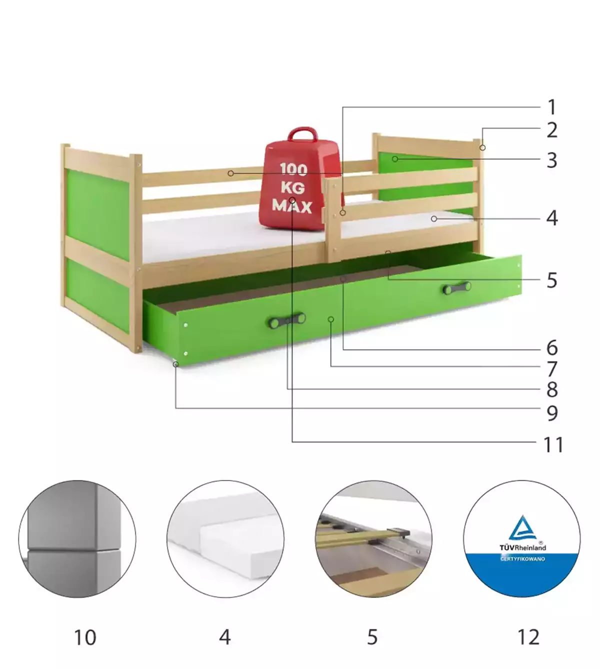 Composants pour Lit ado simple Rico 80X190 avec matelas et tiroir, pin/vert Composants pour Lit ado simple Rico 80X190 avec matelas et tiroir, pin/vert