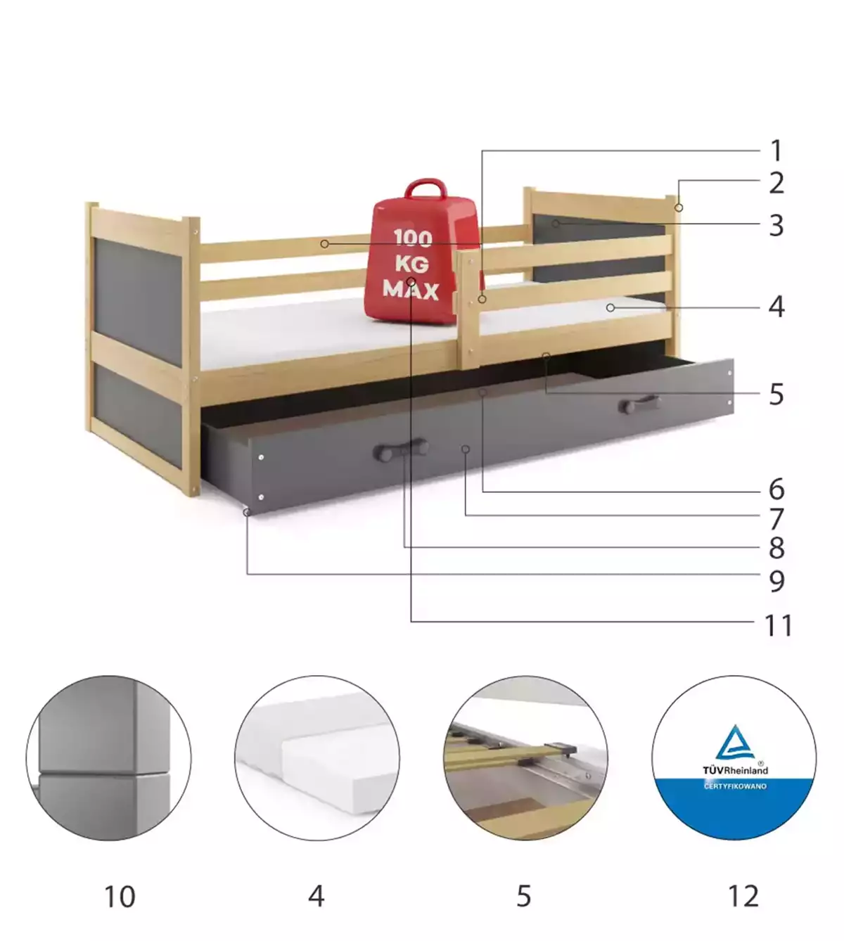Composants pour Lit ado simple Rico 80X190 avec tiroir, pin/gris Composants pour Lit ado simple Rico 80X190 avec tiroir, pin/gris
