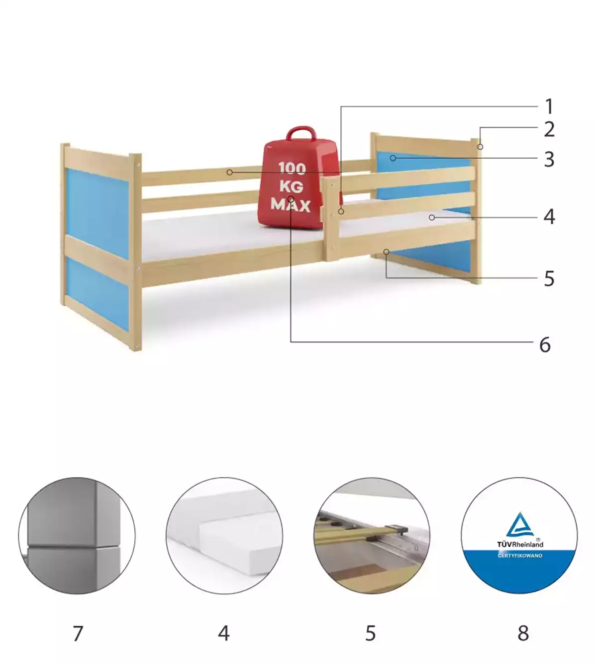 Composants pour Lit ado simple Rico 80X190, pin/bleu Composants pour Lit ado simple Rico 80X190, pin/bleu