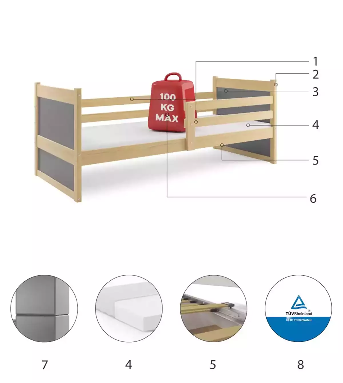Composants pour Lit ado simple Rico 80X190, pin/gris Composants pour Lit ado simple Rico 80X190, pin/gris