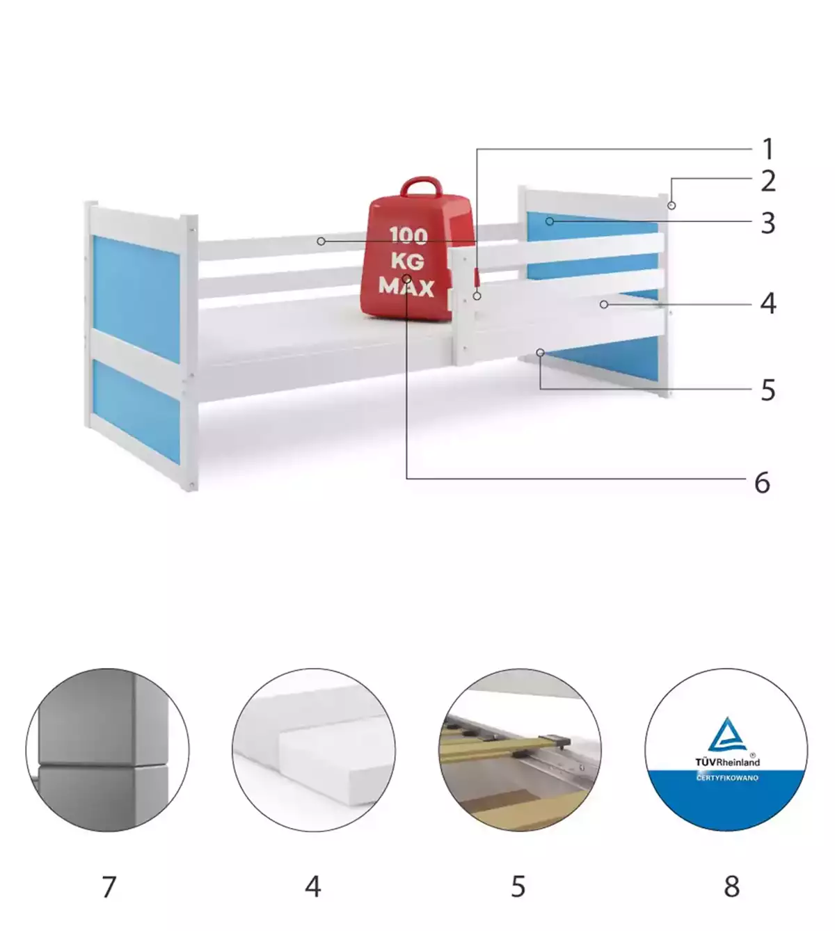 Composants pour Lit ado simple Rico 90X190 avec matelas, blanc/bleu Composants pour Lit ado simple Rico 90X190 avec matelas, blanc/bleu