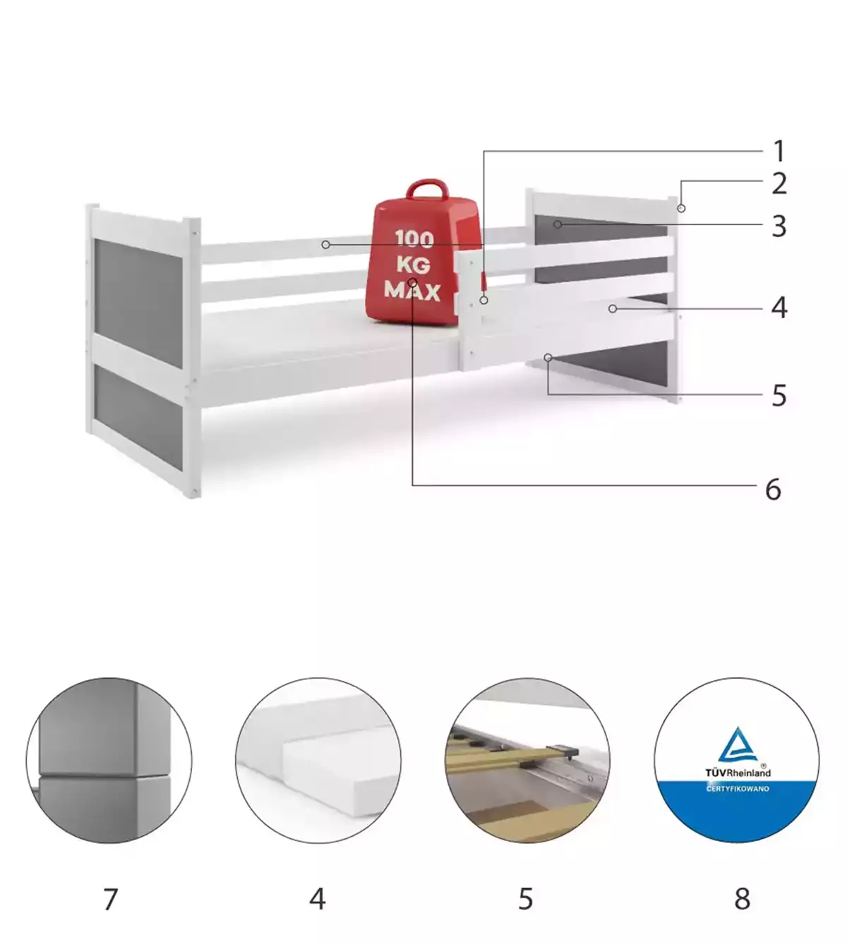 Composants pour Lit ado simple Rico 90X190 avec matelas, blanc/gris Composants pour Lit ado simple Rico 90X190 avec matelas, blanc/gris