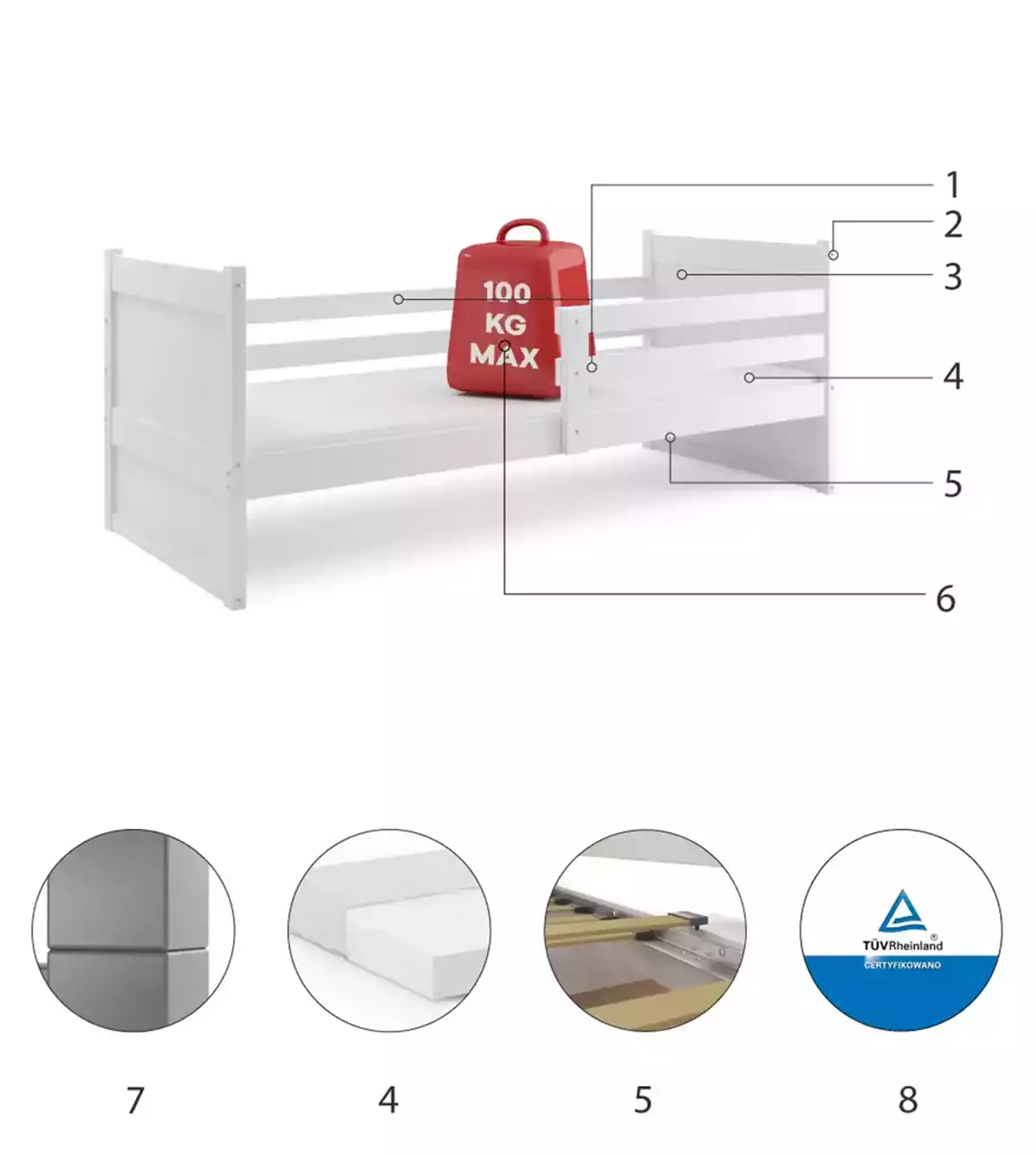 Composants pour Lit ado simple Rico 90X190 avec matelas, blanc Composants pour Lit ado simple Rico 90X190 avec matelas, blanc