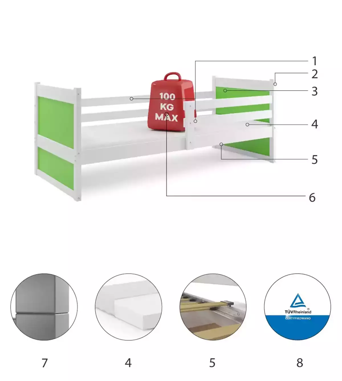 Composants pour Lit ado simple Rico 90X190 avec matelas, blanc/vert Composants pour Lit ado simple Rico 90X190 avec matelas, blanc/vert