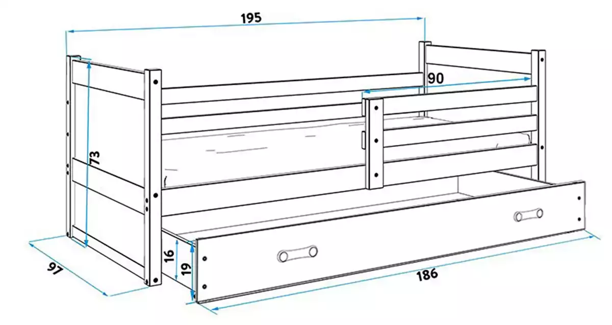 Dimensions et spécifications pour Lit ado simple Rico 90X190 avec matelas et tiroir, blanc Dimensions et spécifications pour Lit ado simple Rico 90X190 avec matelas et tiroir, blanc