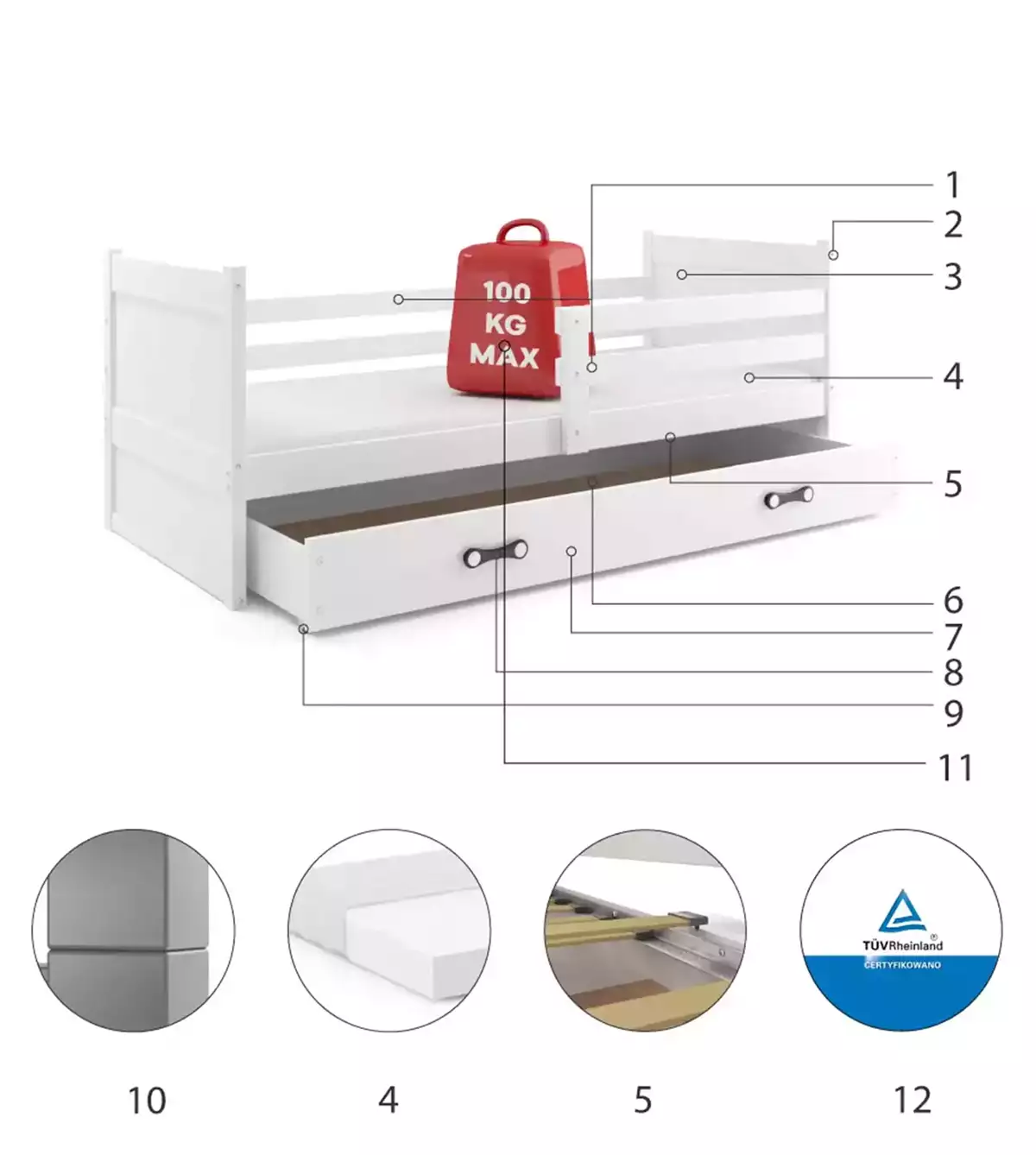 Composants pour Lit ado simple Rico 90X190 avec matelas et tiroir, blanc Composants pour Lit ado simple Rico 90X190 avec matelas et tiroir, blanc