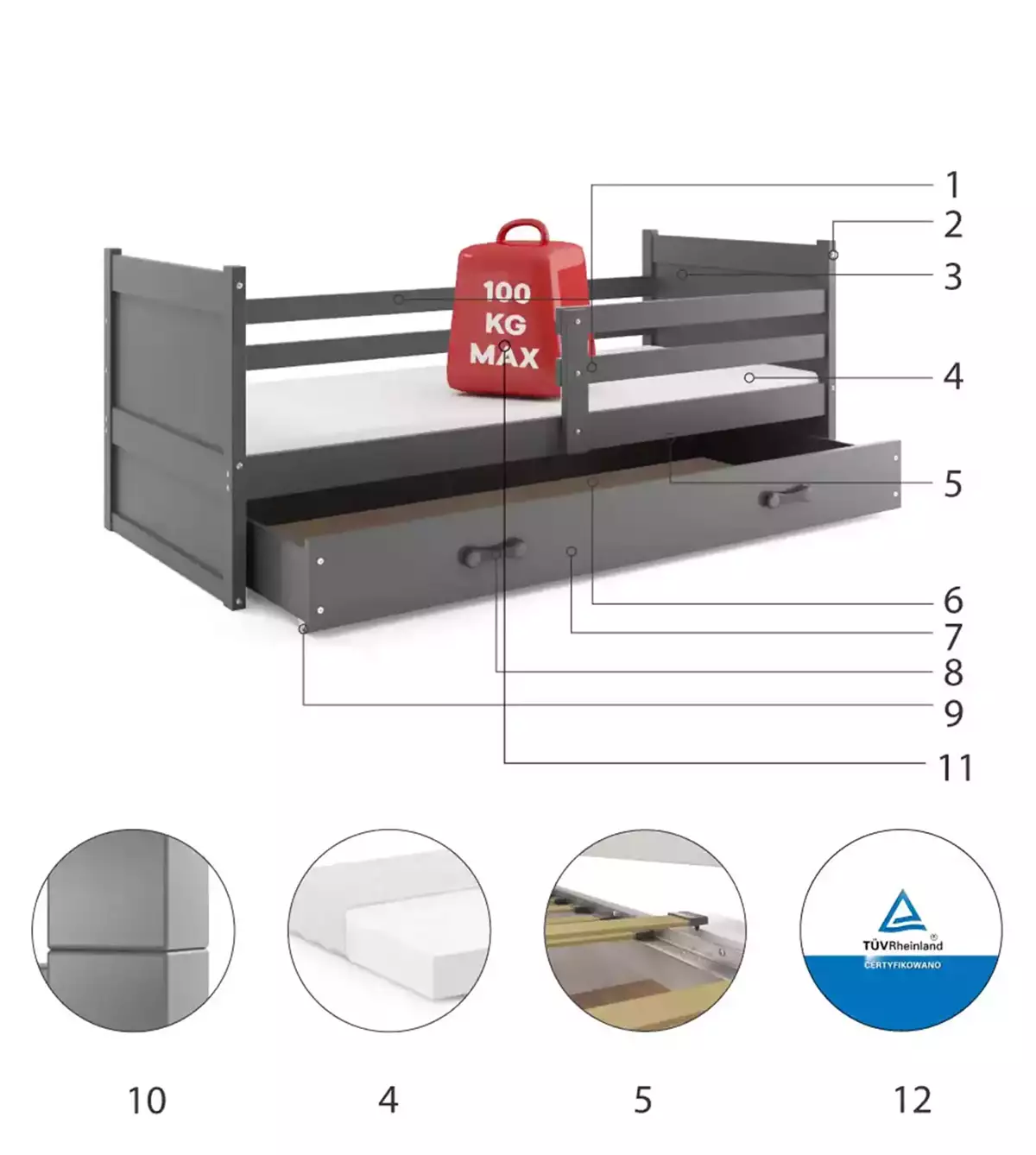 Composants pour Lit ado simple Rico 90X190 avec matelas et tiroir, gris Composants pour Lit ado simple Rico 90X190 avec matelas et tiroir, gris