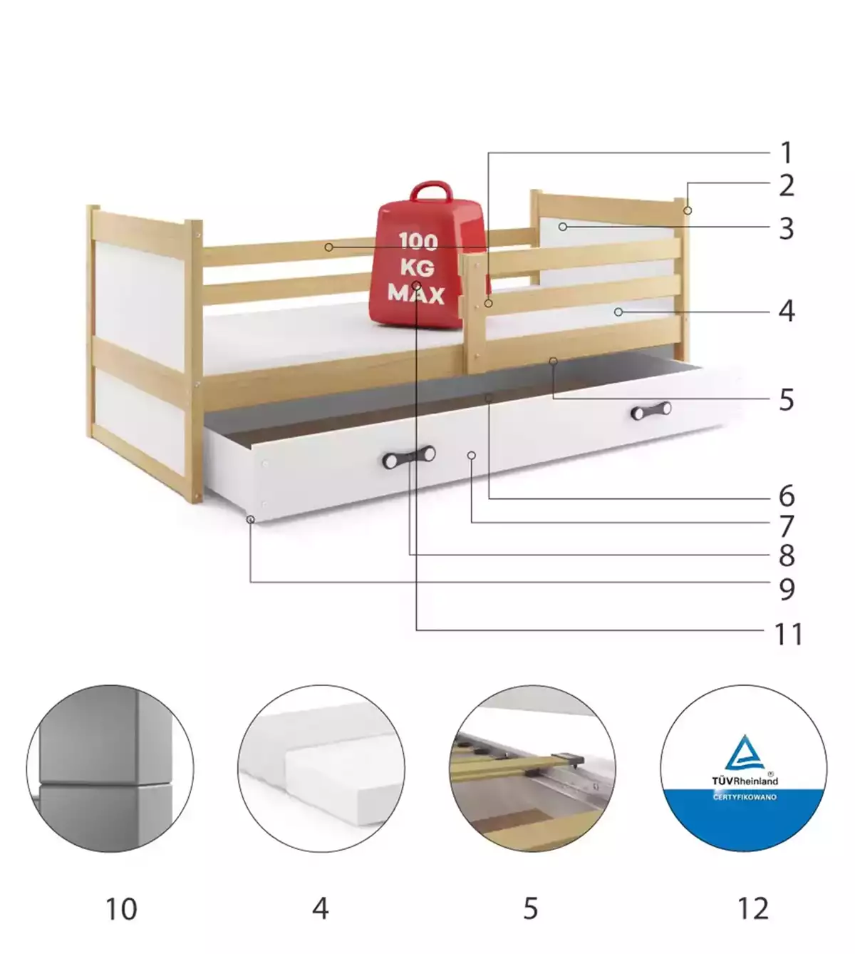 Composants pour Lit ado simple Rico 90X190 avec matelas et tiroir, pin/blanc Composants pour Lit ado simple Rico 90X190 avec matelas et tiroir, pin/blanc