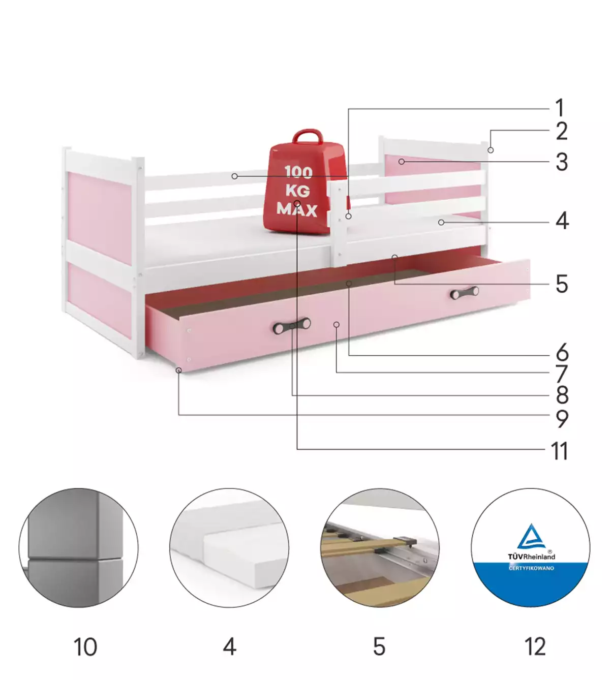 Composants pour Lit ado simple Rico 90X190 avec tiroir, blanc/rose Composants pour Lit ado simple Rico 90X190 avec tiroir, blanc/rose
