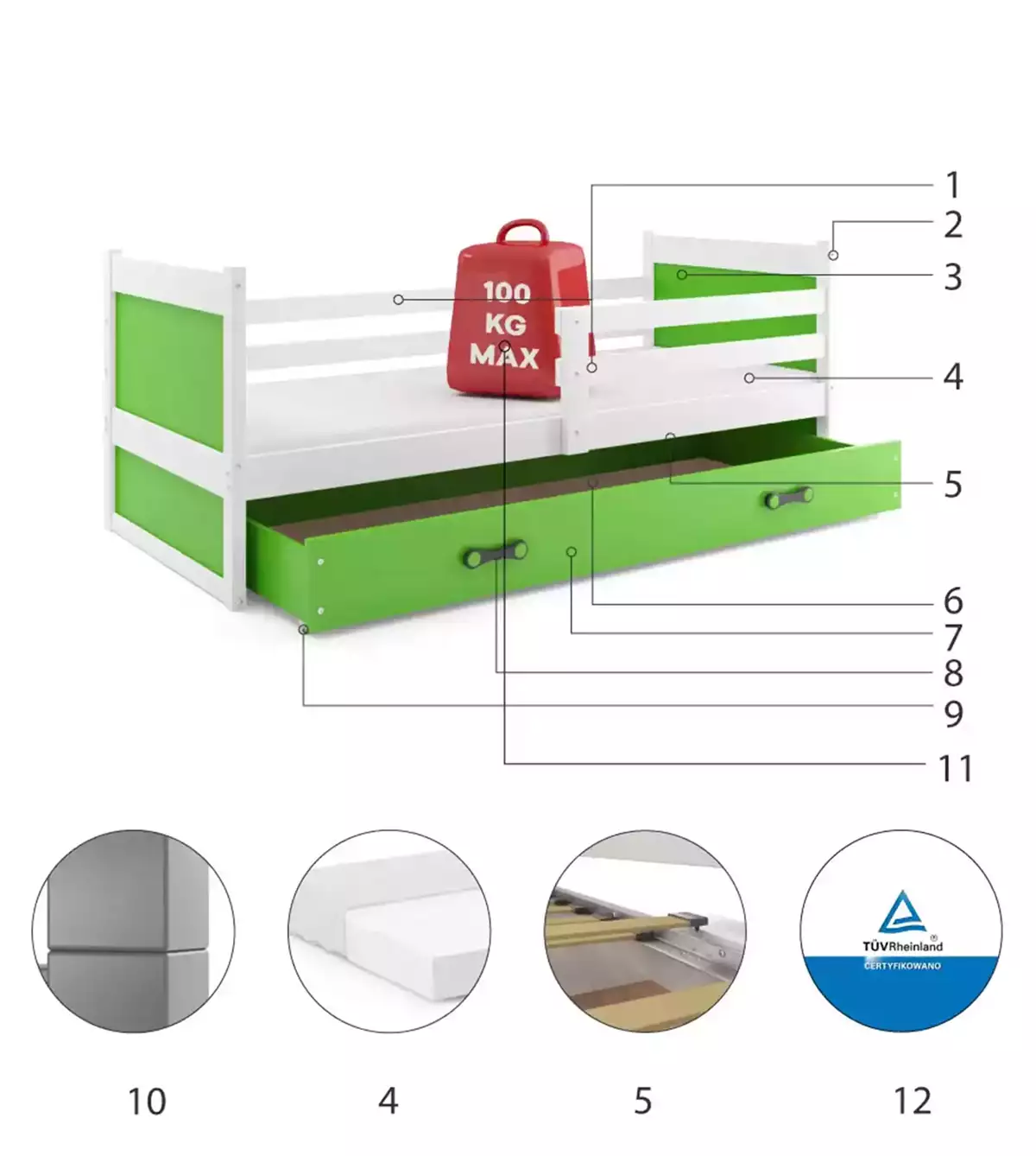 Composants pour Lit ado simple Rico 90X190 avec tiroir, blanc/vert Composants pour Lit ado simple Rico 90X190 avec tiroir, blanc/vert