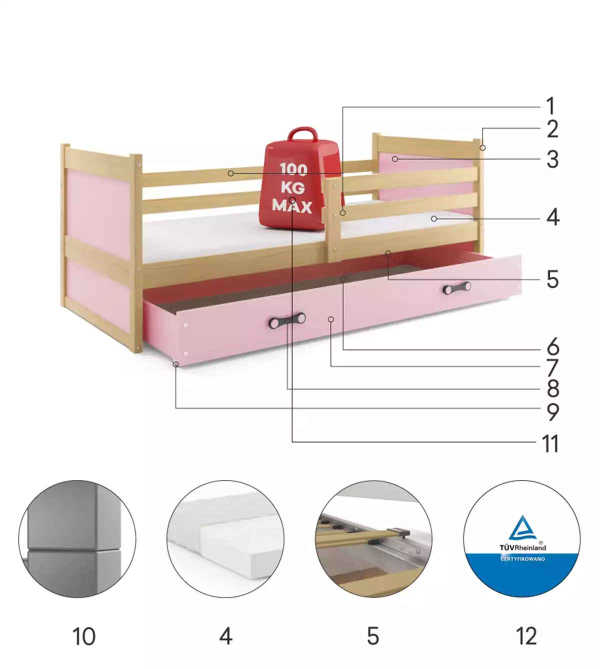 Composants pour Lit ado simple Rico 90X190 avec tiroir, pin/rose Composants pour Lit ado simple Rico 90X190 avec tiroir, pin/rose