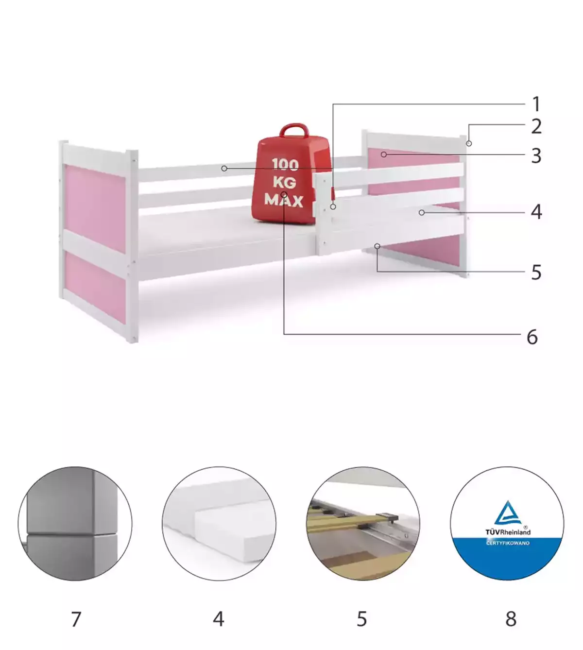 Composants pour Lit ado simple Rico 90X200 avec matelas, blanc/rose Composants pour Lit ado simple Rico 90X200 avec matelas, blanc/rose
