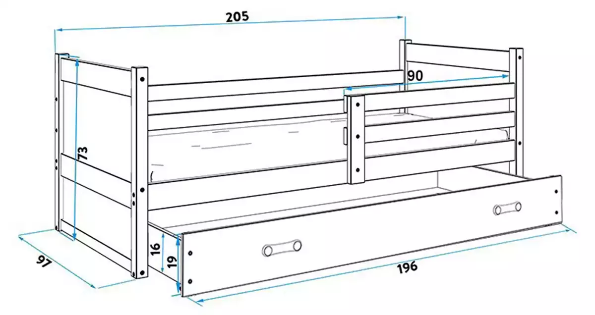 Dimensions et spécifications pour Lit ado simple Rico 90X200 avec matelas et tiroir, blanc Dimensions et spécifications pour Lit ado simple Rico 90X200 avec matelas et tiroir, blanc