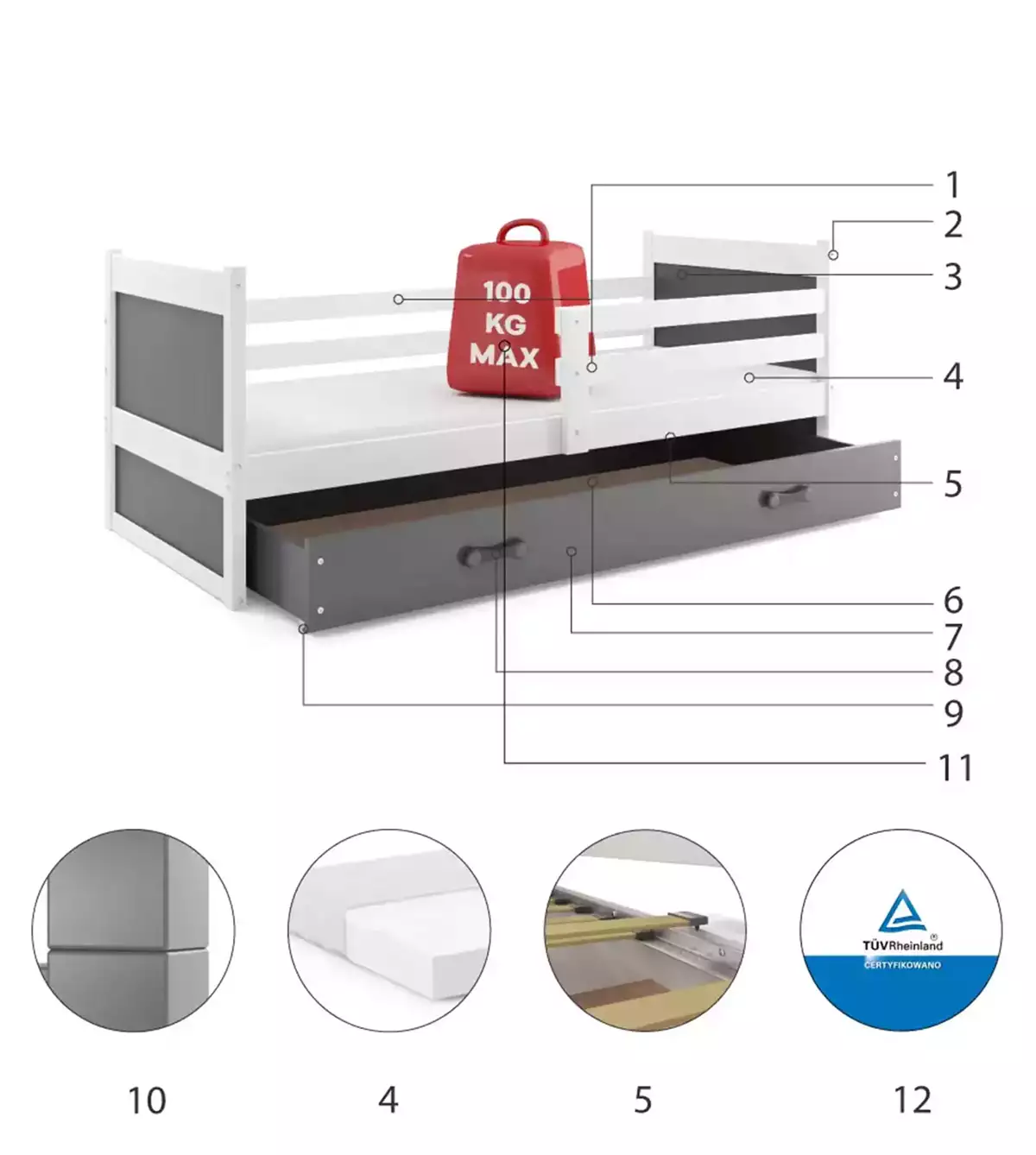 Composants pour Lit ado simple Rico 90X200 avec matelas et tiroir, blanc/gris Composants pour Lit ado simple Rico 90X200 avec matelas et tiroir, blanc/gris