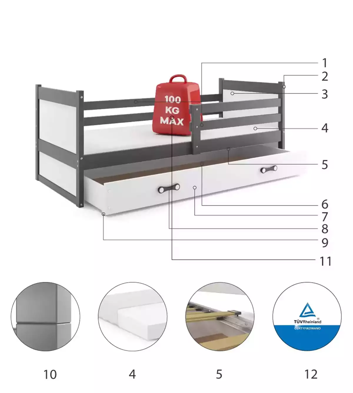 Composants pour Lit ado simple Rico 90X200 avec matelas et tiroir, gris/blanc Composants pour Lit ado simple Rico 90X200 avec matelas et tiroir, gris/blanc