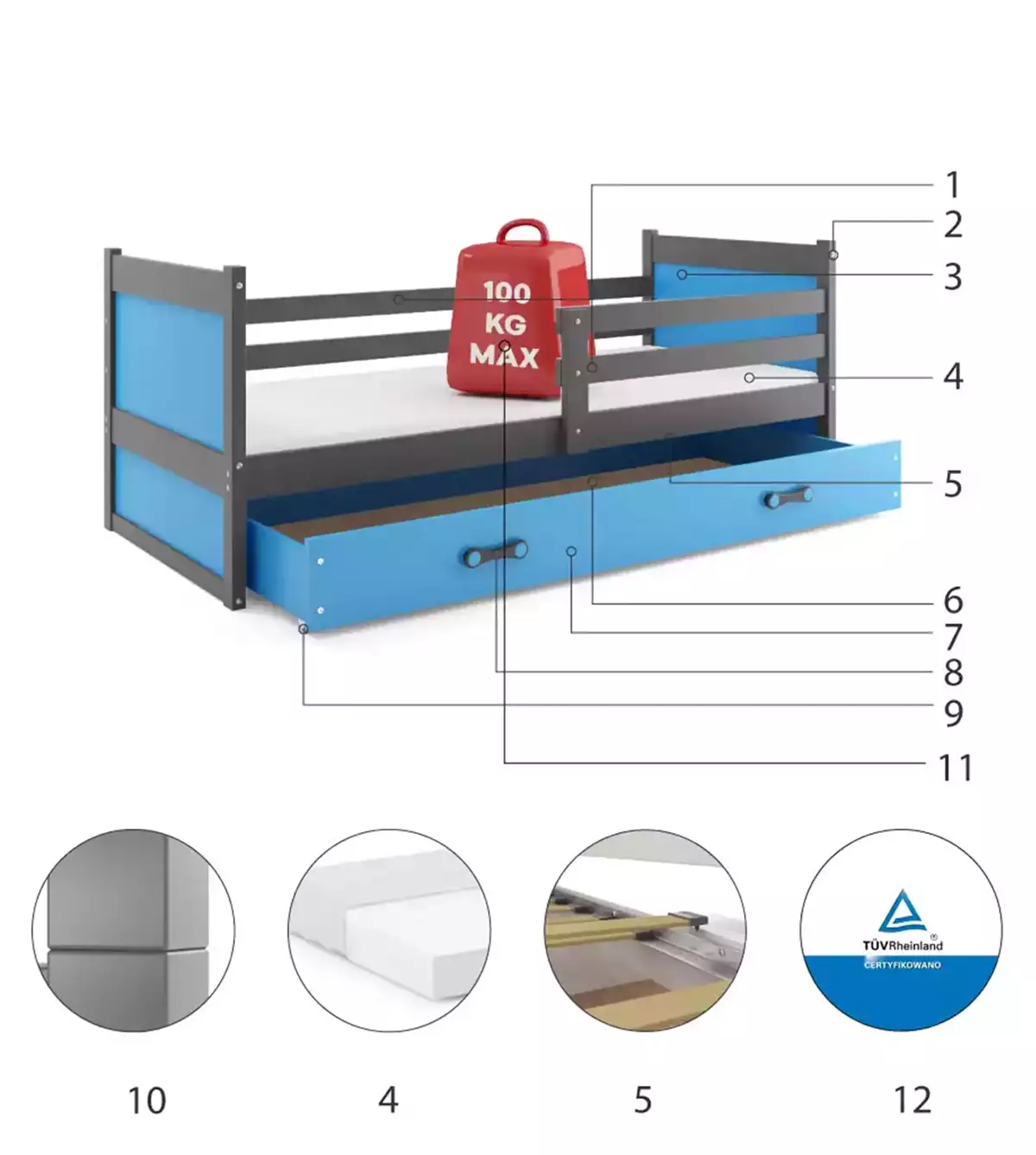 Composants pour Lit ado simple Rico 90X200 avec matelas et tiroir, gris/bleu Composants pour Lit ado simple Rico 90X200 avec matelas et tiroir, gris/bleu
