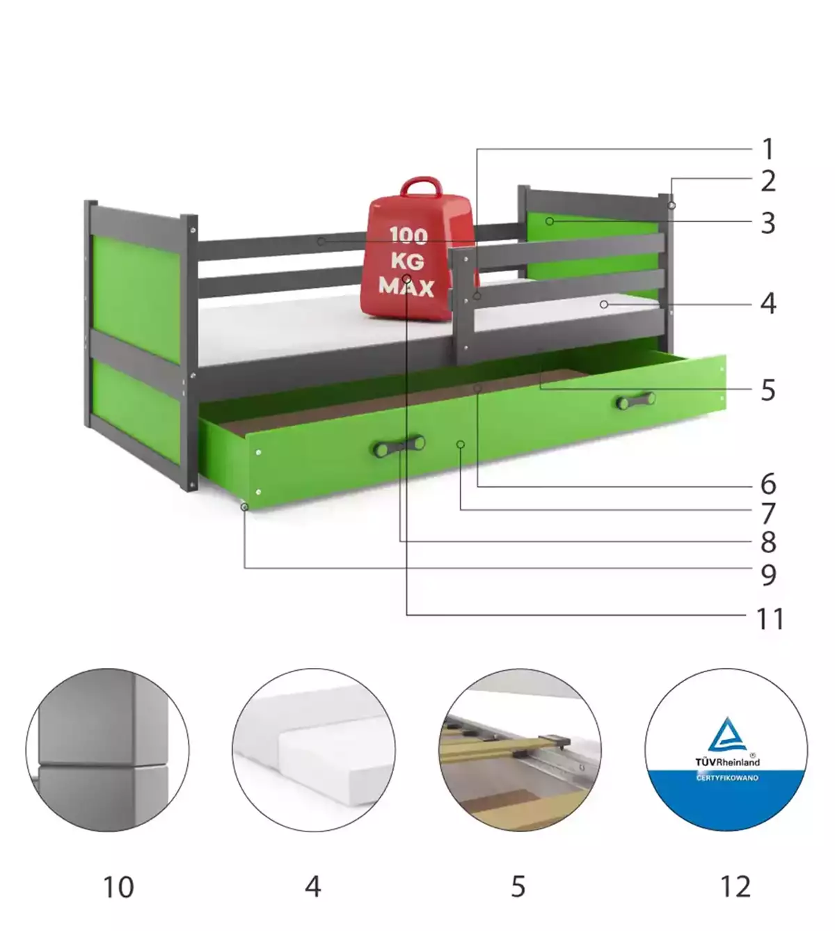 Composants pour Lit ado simple Rico 90X200 avec matelas et tiroir, gris/vert Composants pour Lit ado simple Rico 90X200 avec matelas et tiroir, gris/vert