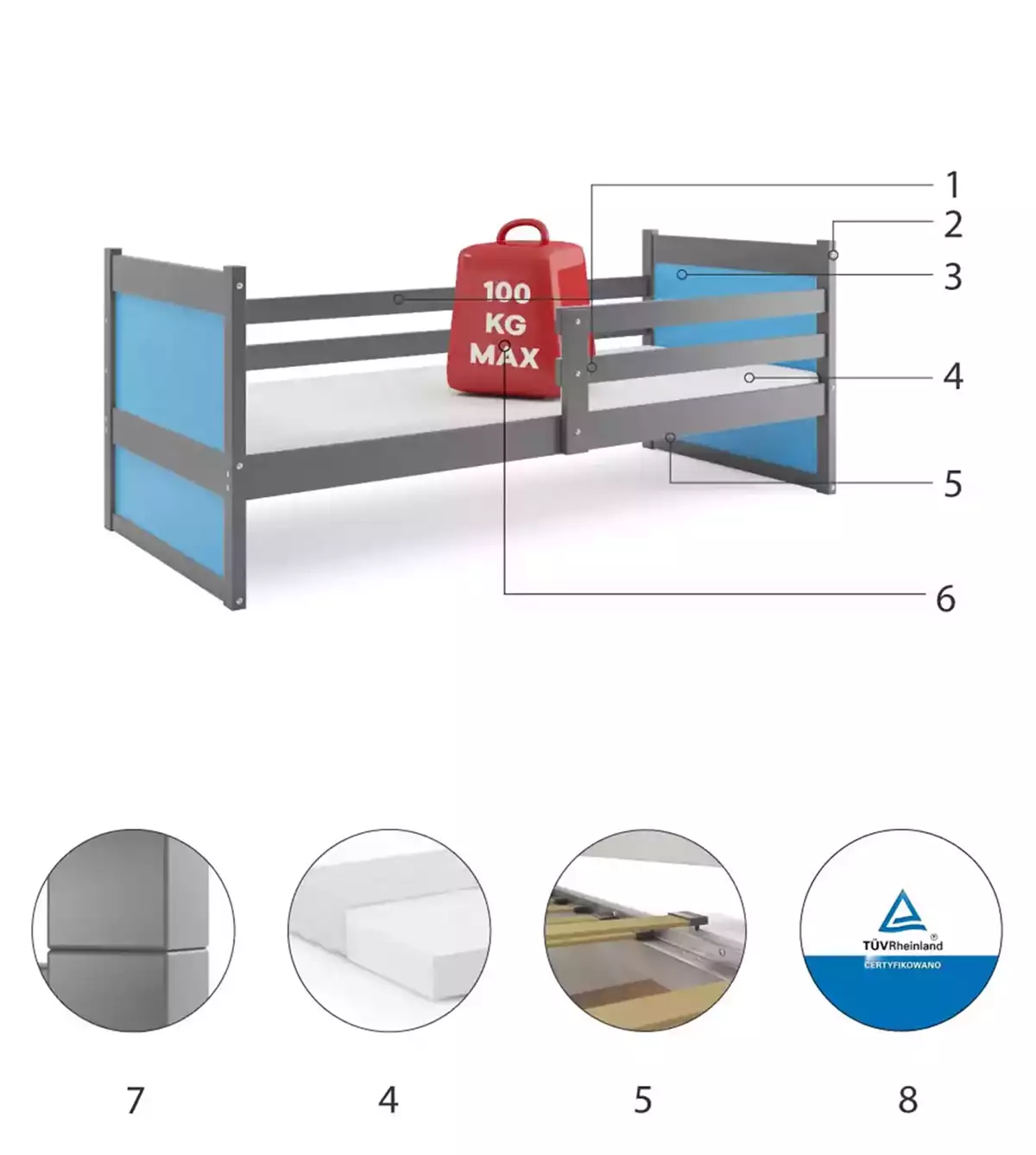 Composants pour Lit ado simple Rico 90X200 avec matelas, gris/bleu
