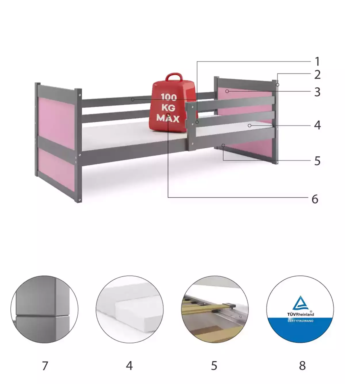 Composants pour Lit ado simple Rico 90X200 avec matelas, gris/rose Composants pour Lit ado simple Rico 90X200 avec matelas, gris/rose