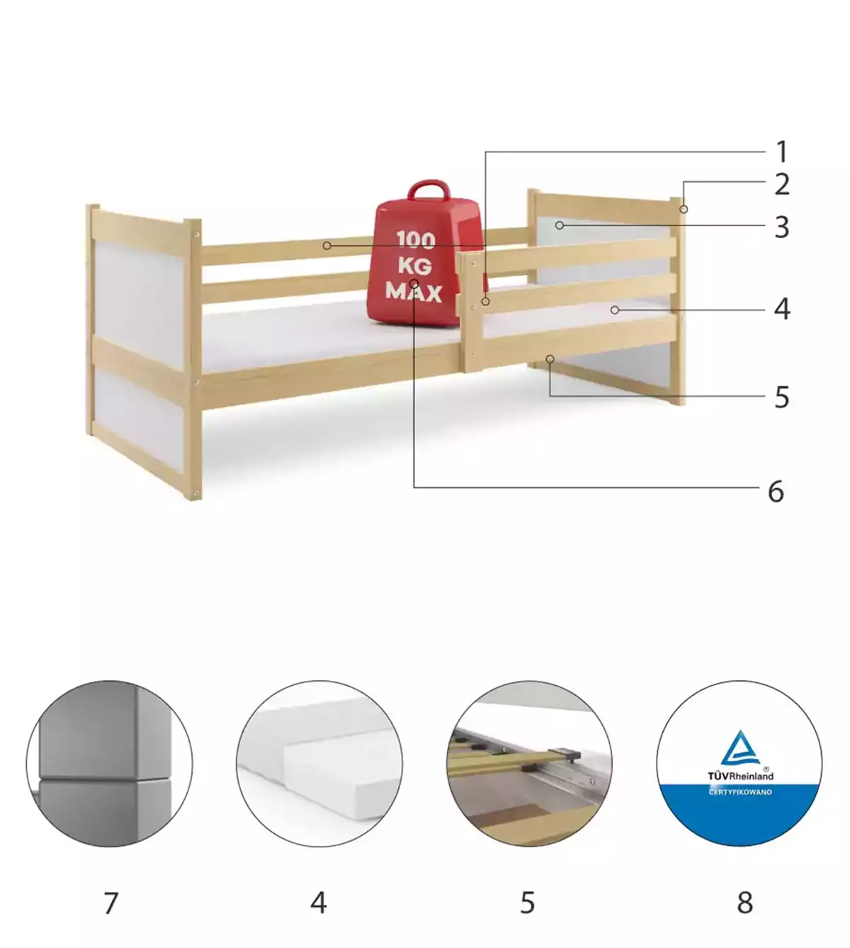 Composants pour Lit ado simple Rico 90X200 avec matelas, pin/blanc Composants pour Lit ado simple Rico 90X200 avec matelas, pin/blanc