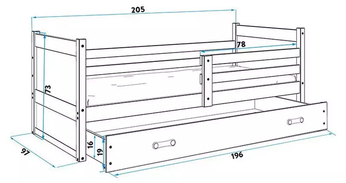 Dimensions et spécifications pour Lit ado simple Rico 90X200 avec matelas, pin/rose Dimensions et spécifications pour Lit ado simple Rico 90X200 avec matelas, pin/rose