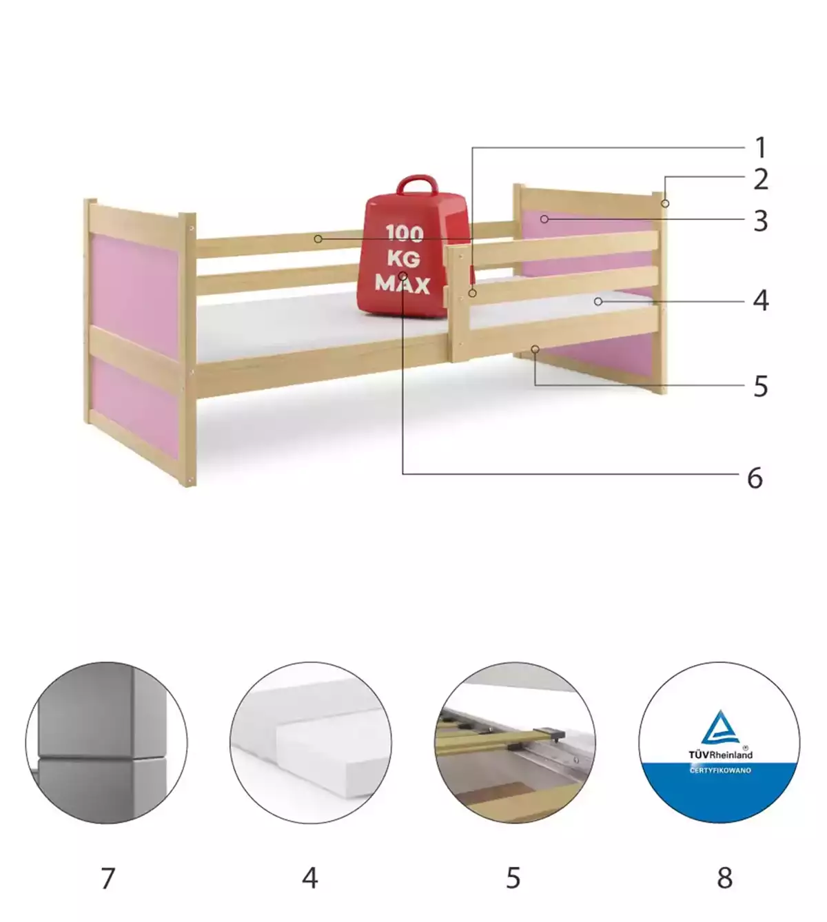 Composants pour Lit ado simple Rico 90X200 avec matelas, pin/rose Composants pour Lit ado simple Rico 90X200 avec matelas, pin/rose