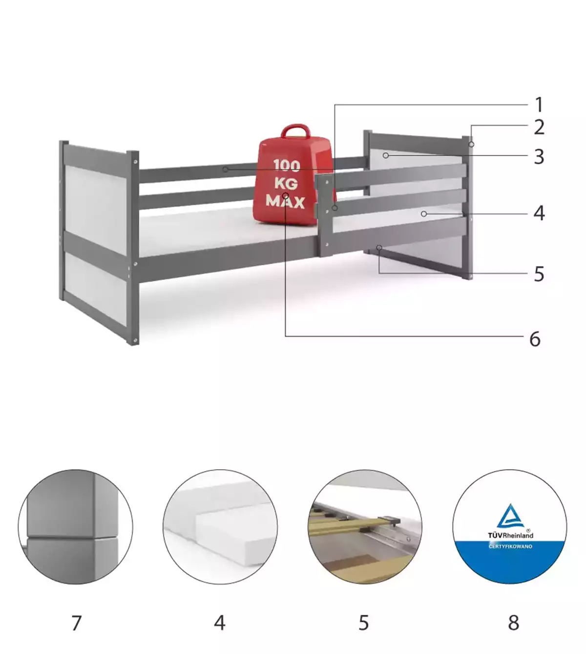 Composants pour Lit ado simple Rico 90X200, gris/blanc Composants pour Lit ado simple Rico 90X200, gris/blanc