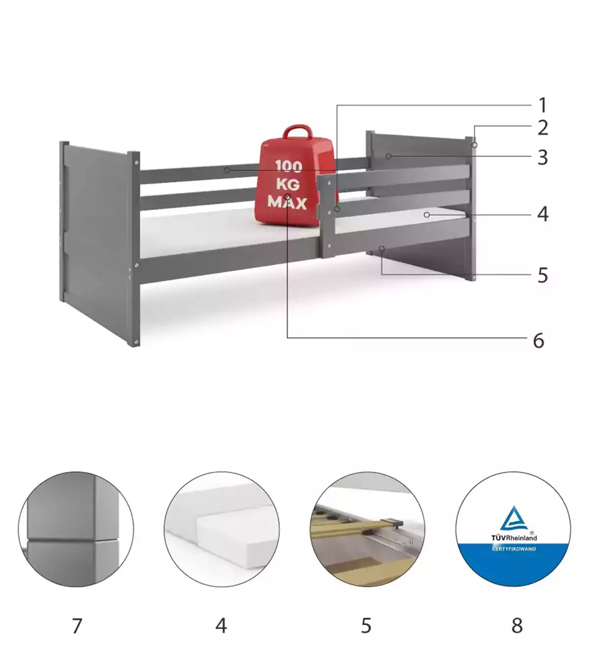 Composants pour Lit ado simple Rico 90X200, gris Composants pour Lit ado simple Rico 90X200, gris