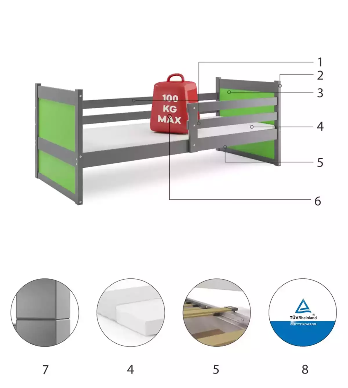 Composants pour Lit ado simple Rico 90X200, gris/vert Composants pour Lit ado simple Rico 90X200, gris/vert