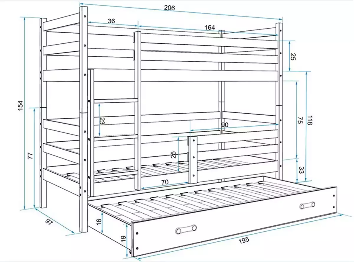 Dimensions et spécifications pour Lit ado superposé 3 places Éric 90X200 avec matelas et tiroir, blanc/gris Dimensions et spécifications pour Lit ado superposé 3 places Éric 90X200 avec matelas et tiroir, blanc/gris